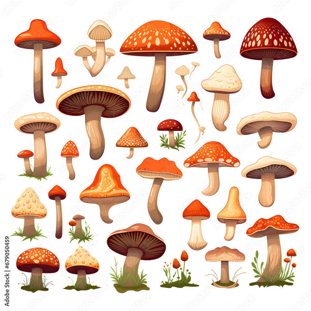 Colourful set of cartoon mushrooms. Ideal for 2d game design, or print pattern