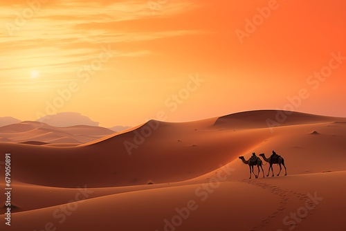 camel in the desert. sunset in the desert. 
