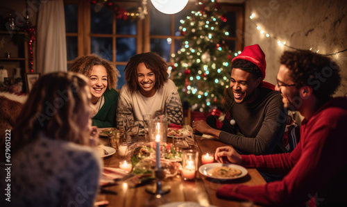 Group of people celebrating Christmas dinner together at home.