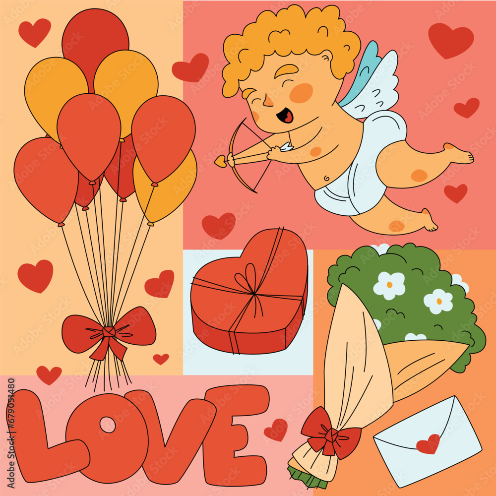 Happy Valentine s day poster. Baby cupid with an arrow. Festive valentine s day greeting card