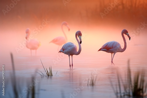 Beautiful flamingos in water during sunset © George Designpro