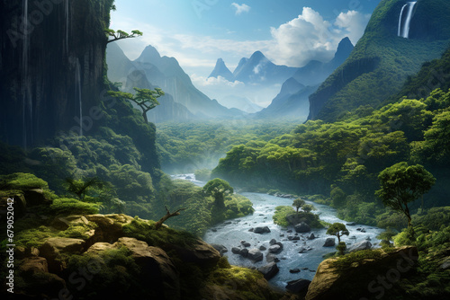 jungle landscape illustration  river between mountains and jungle. Created with Generative AI