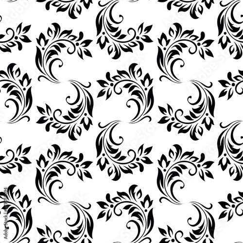 Vintage seamless plant pattern of black stylized leaves, flowers and curls on white background. Retro style. Vector backdrop, texture for victorian wallpapers, wrapping paper, fabric