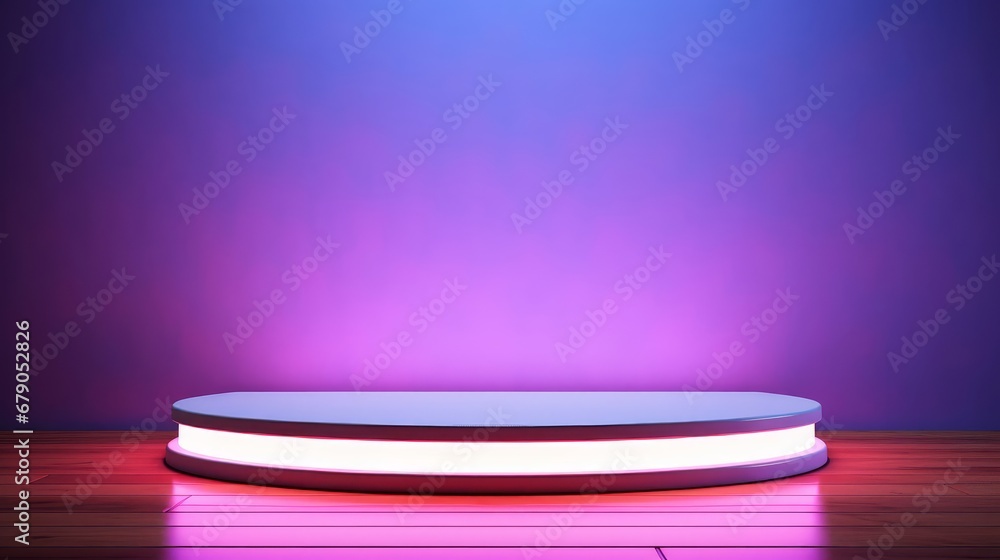 Purple podium neon lights and minimal wall screen pink background