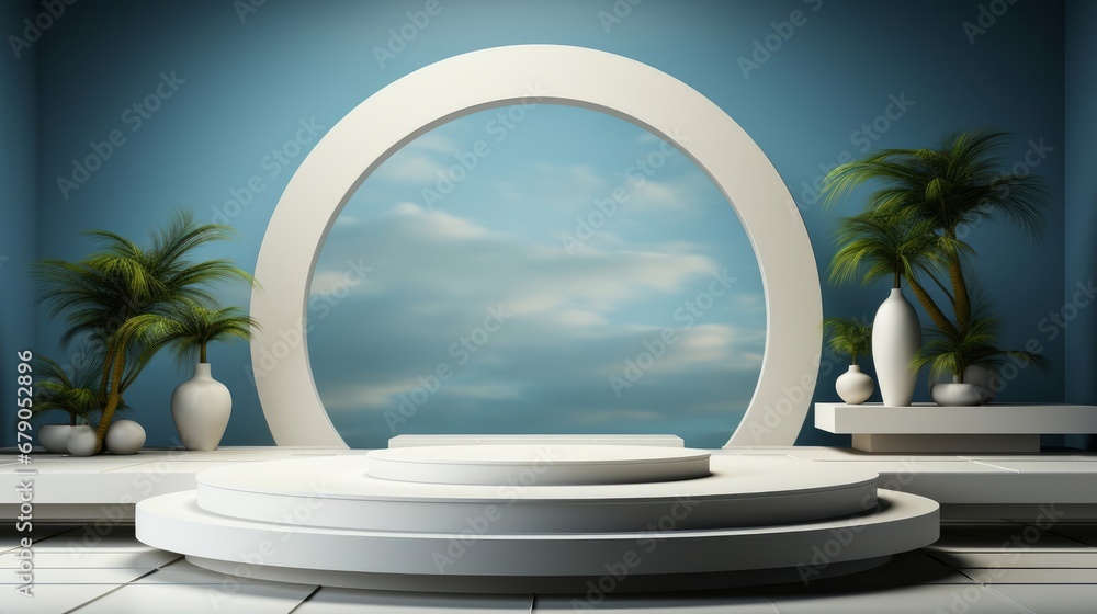 A white round podium with a perfect background wall creates a three-dimensional impression, along with shadow effects that enhance the elegance of the products displayed on the podium