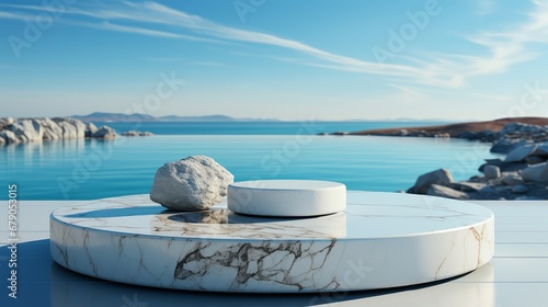 White marble podium with sea view on the background