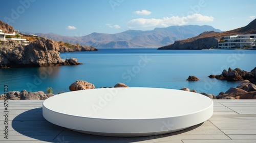 White marble podium with sea view on the background