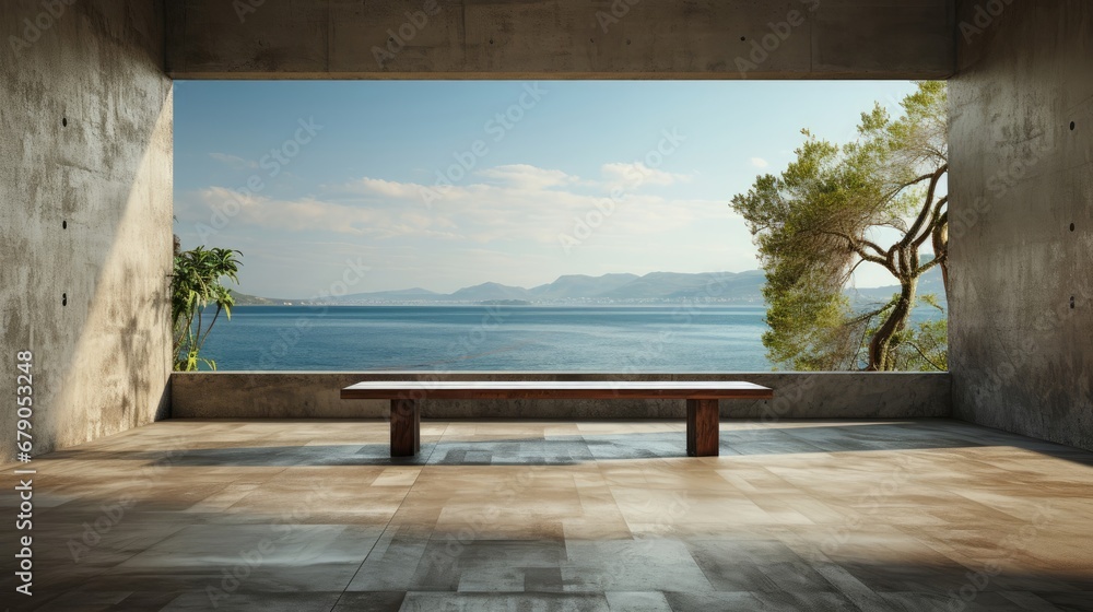 Empty concrete room with sea view background