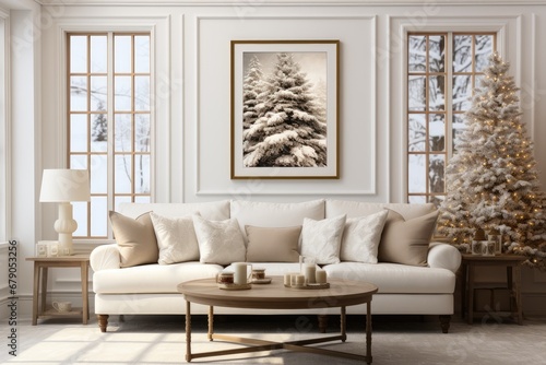 Wallpaper Mural Living room decorated for Christmas with trees, gifts, walls, posters, canvas, full screen mockup, paint, frames. by Generative AI Torontodigital.ca