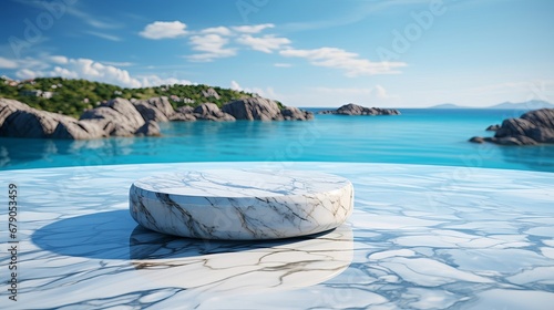 White marble podium with sea view on background © Tn