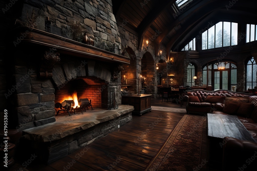 Rustic stone fireplace in an elegant, cozy room with warm lighting Rustic stone fireplace in an elegant, cozy room with warm lighting