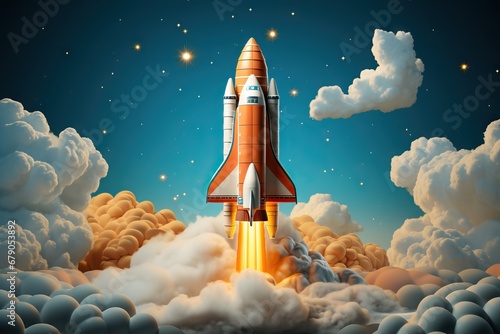 A vibrant illustration of a space shuttle launch  with billowing clouds and a starry sky backdrop