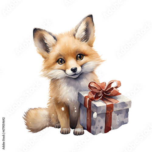red fox with gift box watercolor illustration, New year decoration