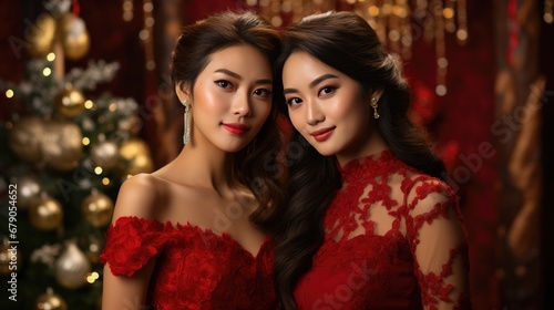 Chinese girls with red Chinese new year clothing, lunar spring festival