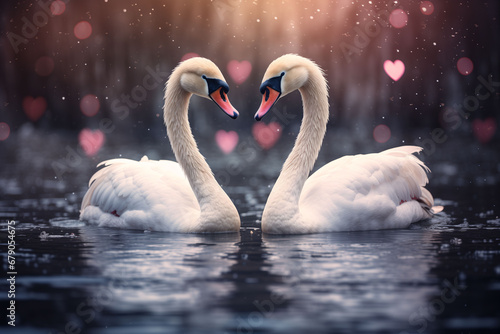 Two swans swimming in a lake, with hearts around them.
