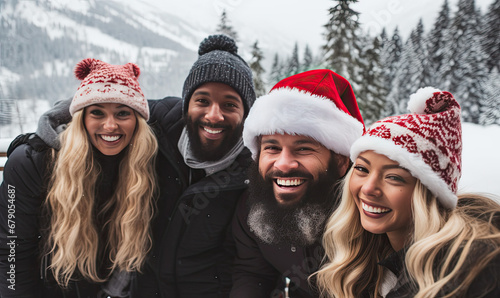 Diverse group of friends having fun celebrating Christmas on city street - Young people taking selfie picture wearing Santa Claus hats during holidays