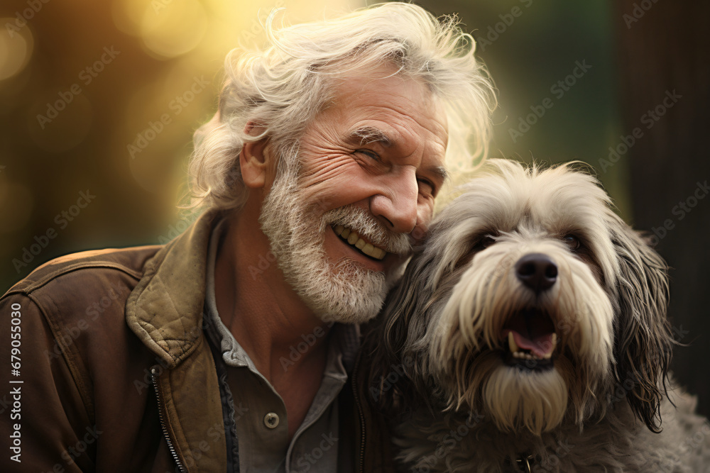old man smiling with his dog in a park old man smiling with his dog in a park