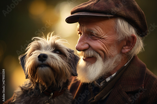 old man smiling with his dog in a park