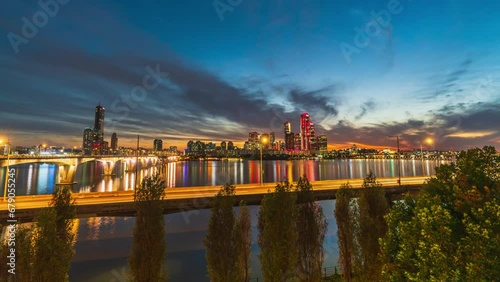 4k Time lapse Sunset of Seoul City Skyline at Han river in Seoul South Korea.

