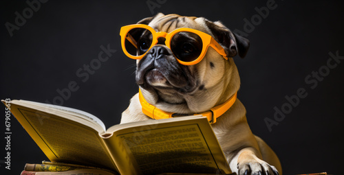 dog wearing black sunglasses sitting reading a book