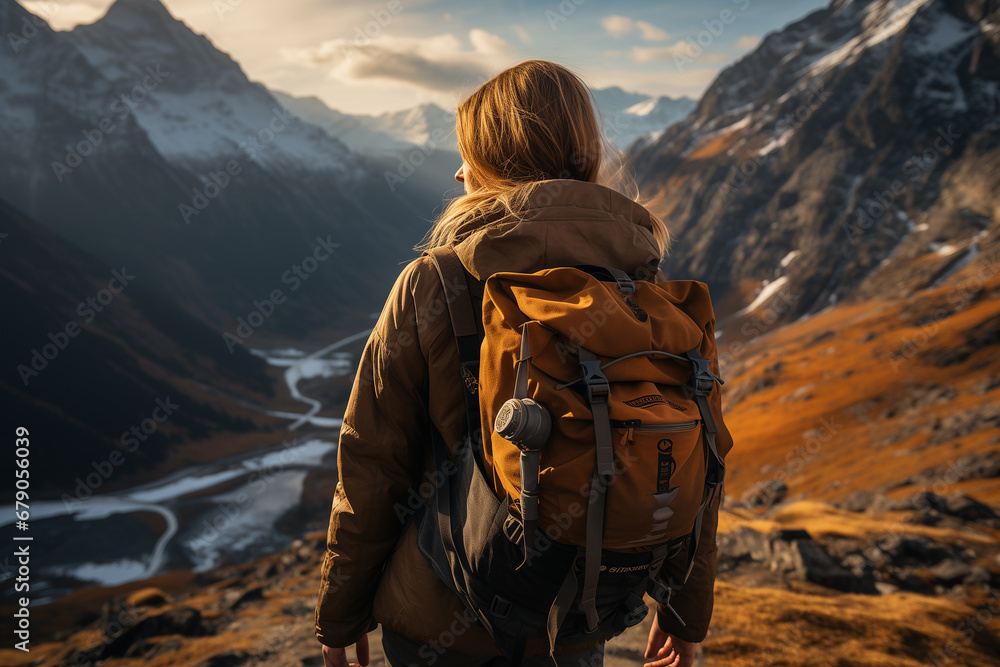 Hiker, trekking in high mountains. Stunning view. Beautiful landscape. Hiker, trekking in high mountains. Stunning view. Beautiful landscape.