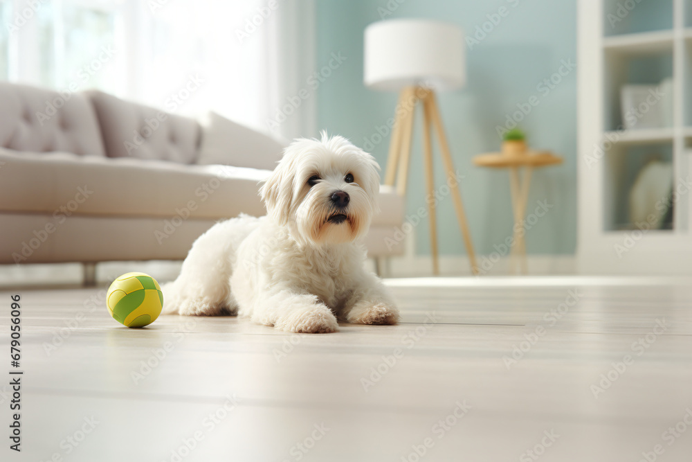 dog playing with green toy on floor in a room