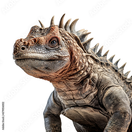 Close up of Ankylosaurus dinosaur face isolated on a white transparent background