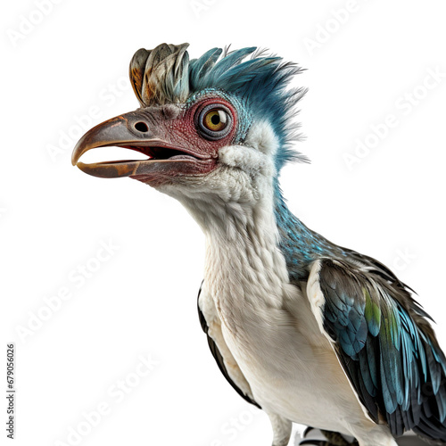 Close up of Archaeopteryx dinosaur face isolated on a white transparent background photo