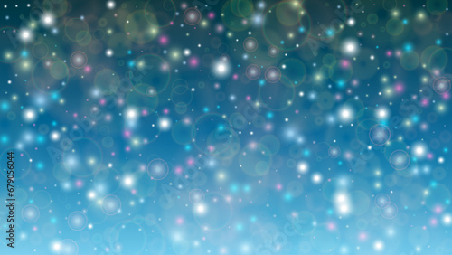 Magic Abstract Defocused Bokeh Circles Background Design.  Christmas snowfall Vector Horizontal Illustration. Cosmic Print. Glitter confetti. Good for Banners, Posters, Covers, Flyers, Cards.