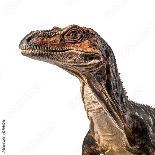 Close up of Baryonyx dinosaur face isolated on a white transparent background