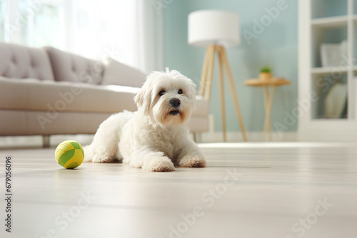 dog playing with green toy on floor in a room