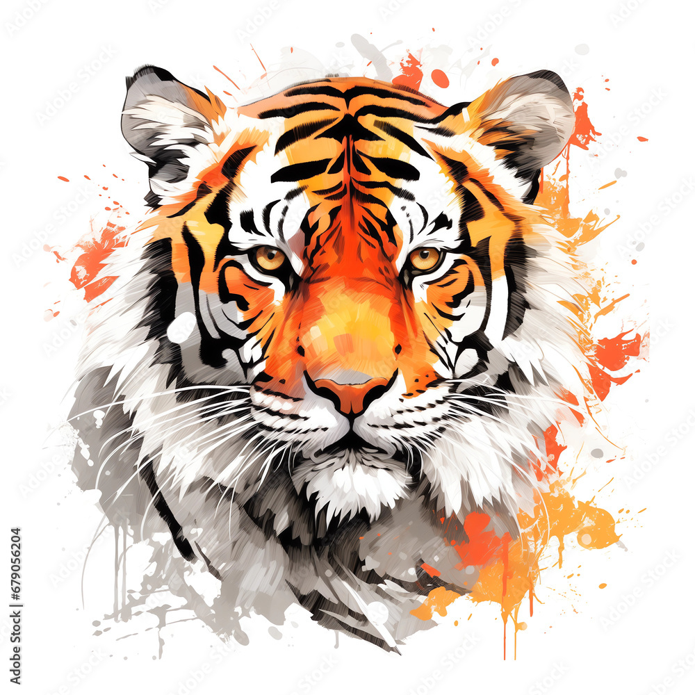 vibrant digital art of a tiger's face with watercolor splashes on a white background