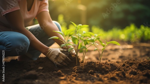 Young woman planting pepper seedling in the garden. Gardening and agriculture concept.
