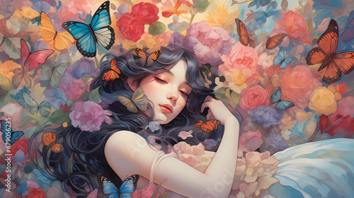 ethereal woman surrounded by colorful flowers and butterflies in an artistic composition