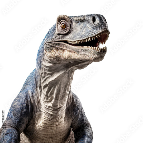 Close up of Iguanodon dinosaur face isolated on a white transparent background
