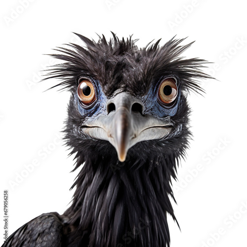 Close up of Microraptor dinosaur face isolated on a white transparent background