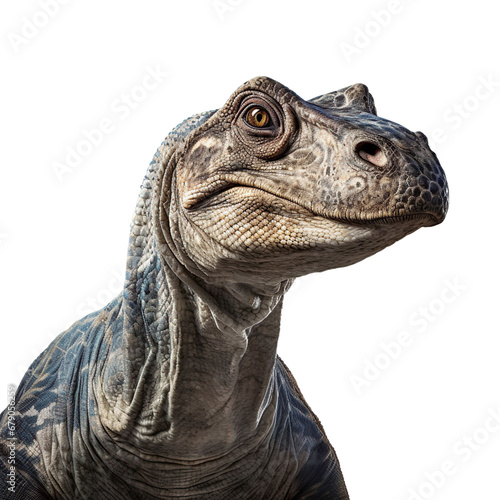 Close up of Iguanodon dinosaur face isolated on a white transparent background