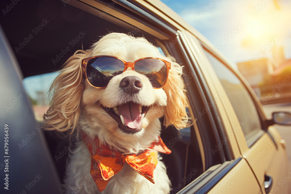 dog wearing sunglasses hanging out of car window - obrazy, fototapety, plakaty 