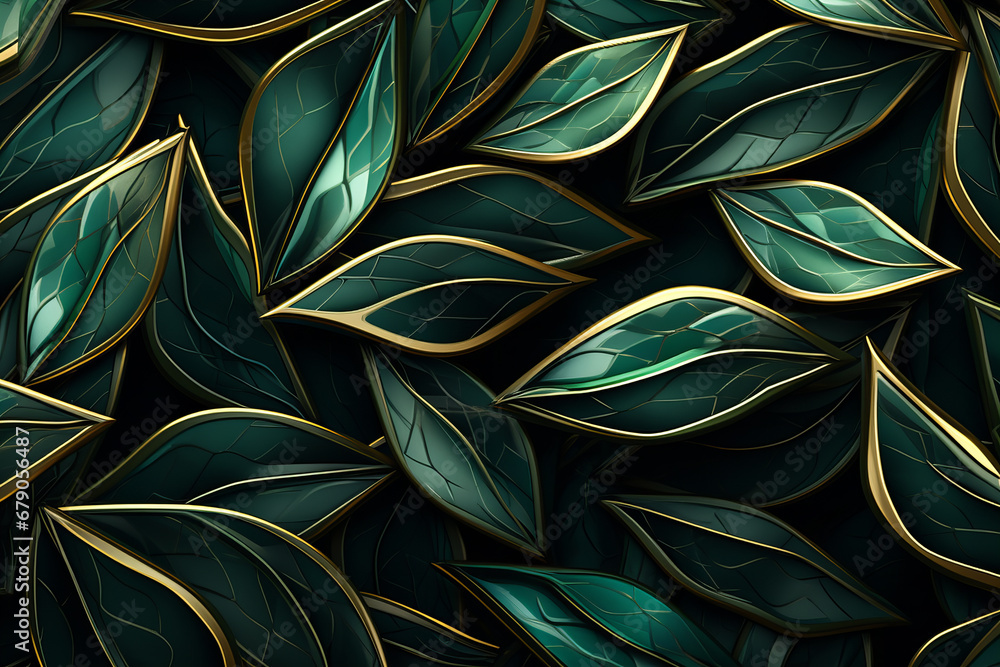 Organic leaves pattern made of emerald stone with gold accents