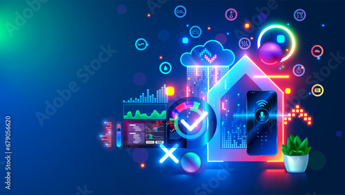 Smart home system development concept. IOT phone application setting. Programming scenarios for operation of smart home system. IOT devices in network of house. Cloud computing of internet of things.