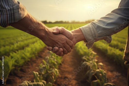 Farmers shake hands at morning field. Farm land cultivated deal. Generate Ai