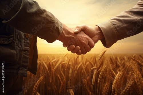Farmers shake hands at wheat field. Agriculture people farming deal. Generate Ai photo