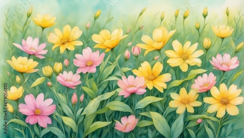 Watercolor illustration of pink and yellow flowers field with green leafs. Beautiful flowers garden. Creative graphics design.  © Clip Arts Fusion 