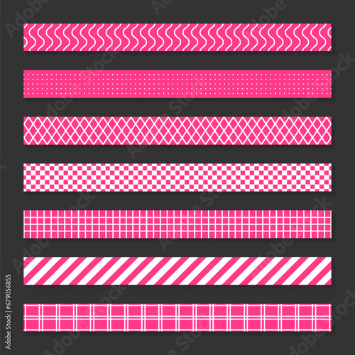 Decorative washi tape romantic cute pink flat set. Horizontal seamless pattern ribbon line pastel wave dot grid geometric gift baby valentine day birthday festive party texture scrapbook isolated