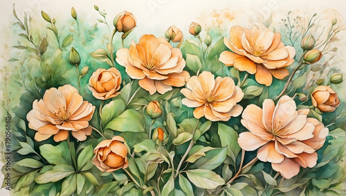 Wallpaper Mural Watercolor illustration of orange flowers field with green leafs. Beautiful colorful flowers garden. Creative graphics design.  Torontodigital.ca