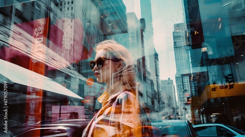 street photography of upscale woman, double exposure color, american city, new york futuristic vintage. generative AI photo