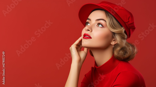 Close up photo of inspired lady looking at copyspace having thoughts about future events wearing cap hat isolated over red background. Made with generative ai