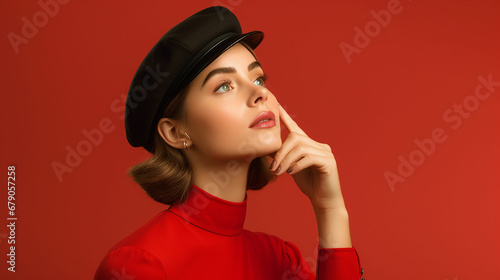 Close up photo of inspired lady looking at copyspace having thoughts about future events wearing cap hat isolated over red background. Made with generative ai