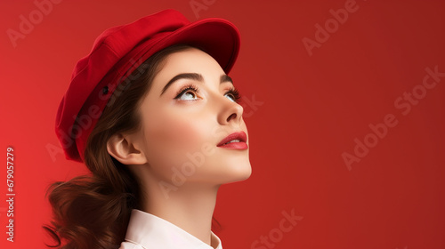 Close up photo of inspired lady looking at copyspace having thoughts about future events wearing cap hat isolated over red background. Made with generative ai