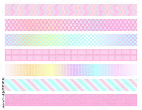 Decorative washi tape romantic cute blue pink flat set. Horizontal seamless pattern ribbon line marshmallow pastel wave dot grid geometric gift baby valentine day birthday festive party isolated